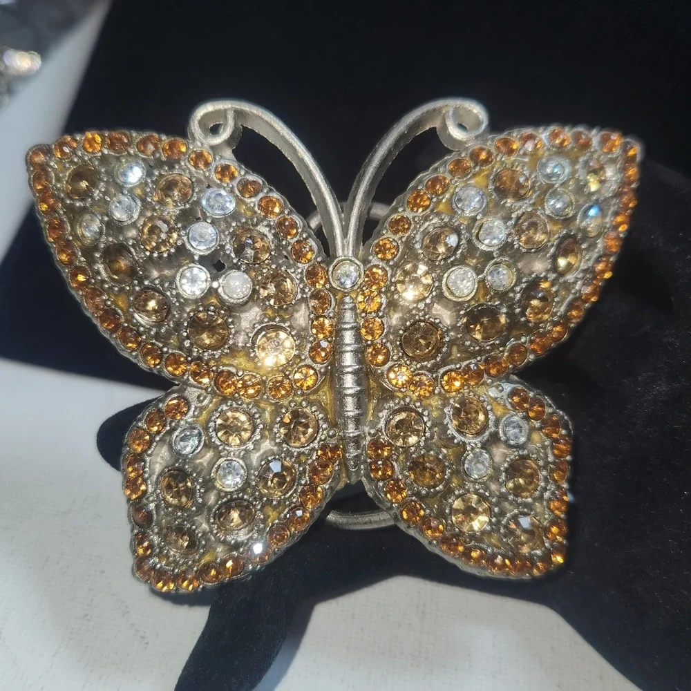 Vintage Butterfly Belt Buckle‎ Amber Topaz Rhinestone Crystal Silver Tone Boho